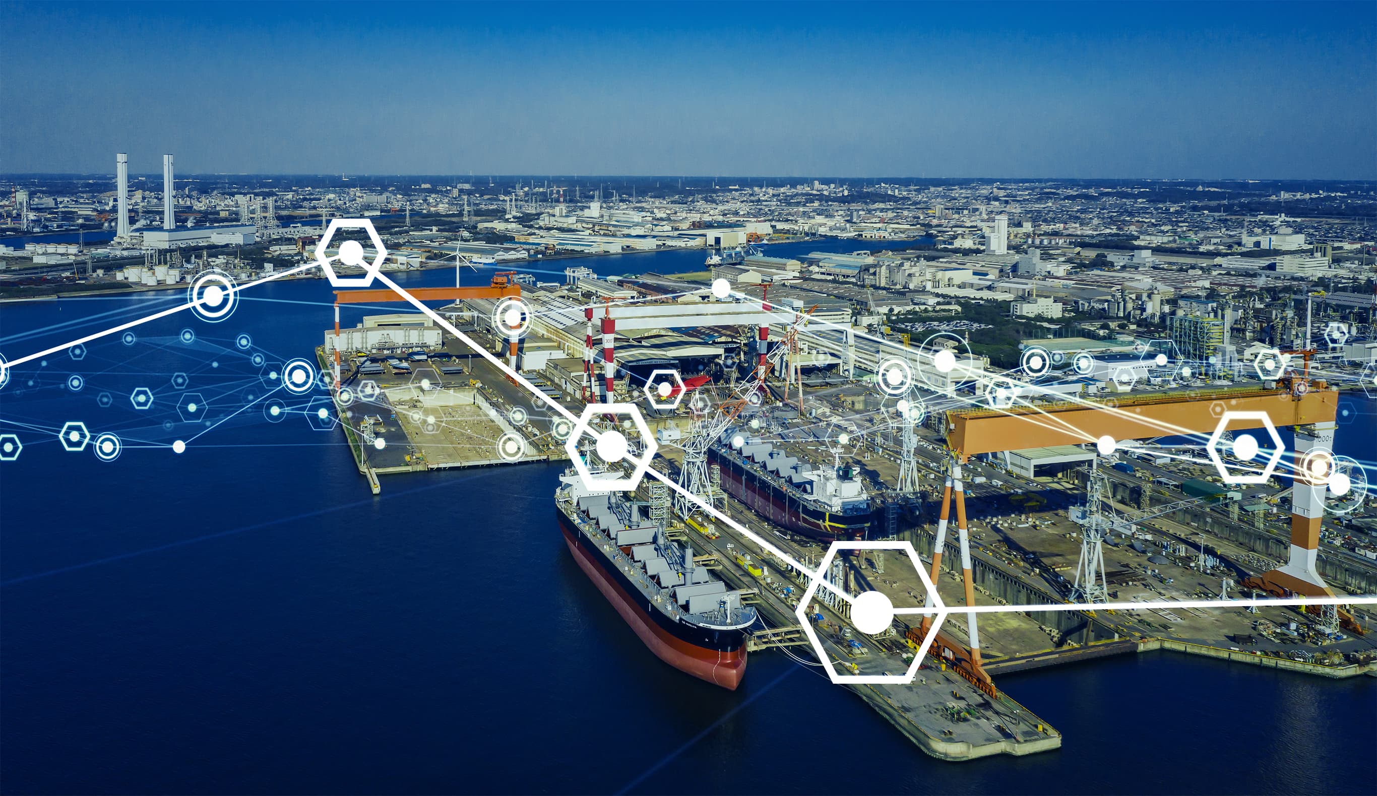 Port avec bateaux et réseau de capteurs de surveillance environnementale